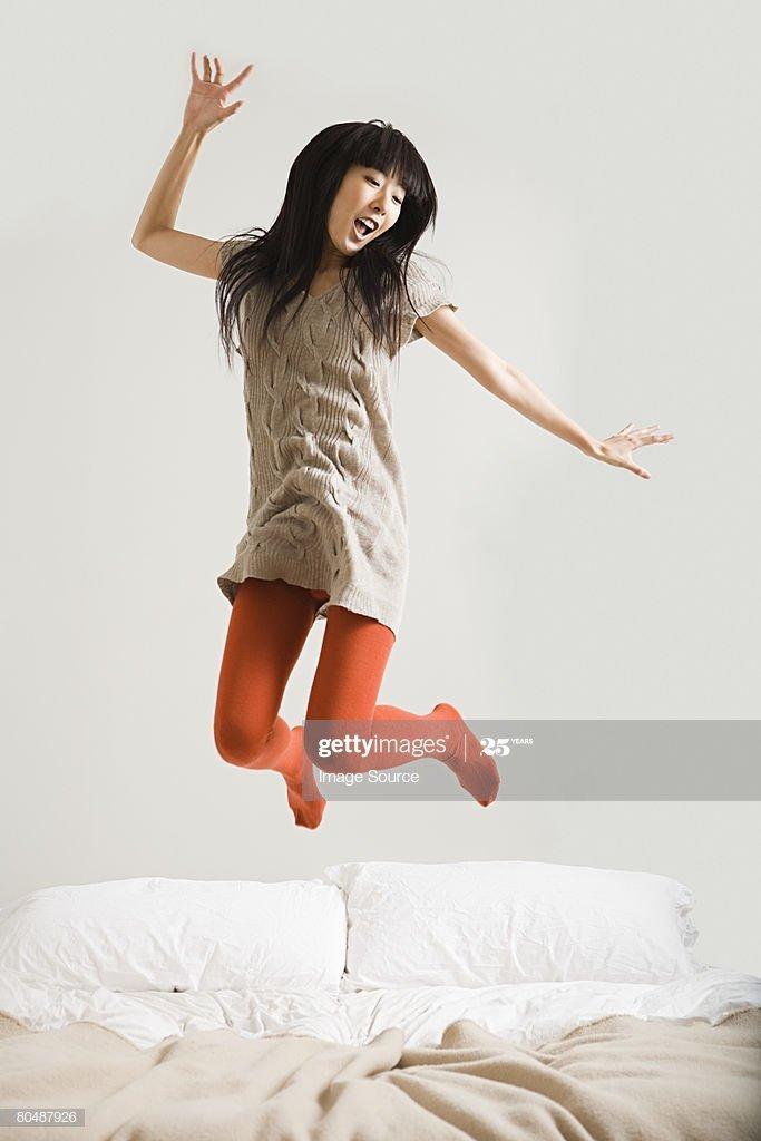Jumping on bed pantyhose